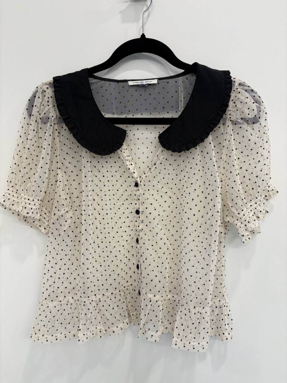American Eagle Outfitters Cream Sheer Polka Dot Blouse with Black Ruffle Collar